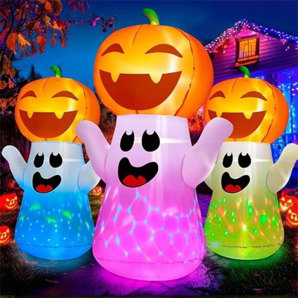 5FT Halloween Inflatables Pumpkin Ghost Built-in 3-Pattern Colorful Flashing - Picture 7 of 7